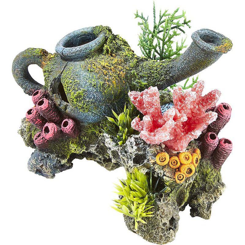 Akvariedekorasjon Tekanne med koraller og planter 14.5x11x11cm