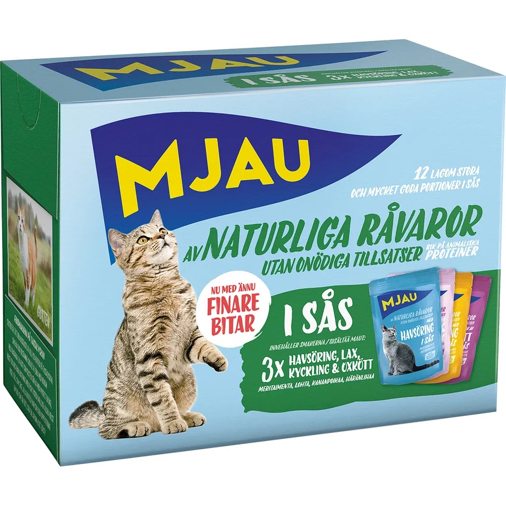 Mjau porsjonsposer multipack – kjøtt- og fisksmaker i saus (12 × 85 g) Mjau porsjonsposer multipack – kjøtt- og fisksmaker i saus (12 × 85 g)