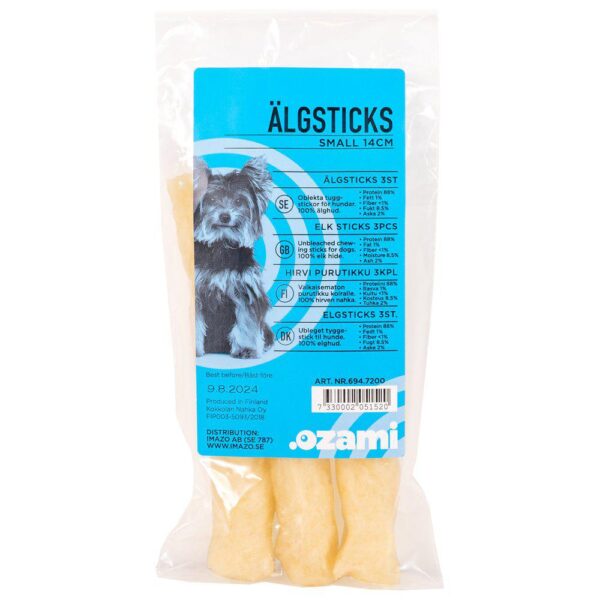 Elgsticks 14cm 3pakk -råhud til hund av elg